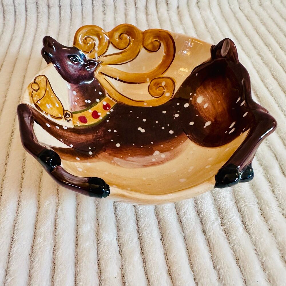 Dario Farrucci Designs Christmas Reindeer Bowl Hand Painted Embossed 3D
